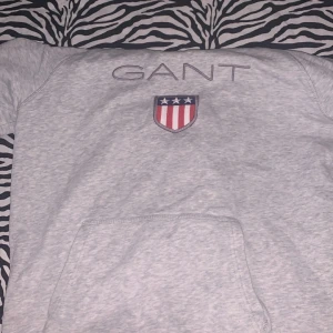 Grå hoodie från GANT med emblem - Snygg ljusgrå hoodie från GANT med broderat logotyp och ett emblem med stjärnor och rödvita ränder på bröstet. Tröjan har huva, magficka och mjukt fleecefoder på insidan. Perfekt för chill dagar och streetwear.