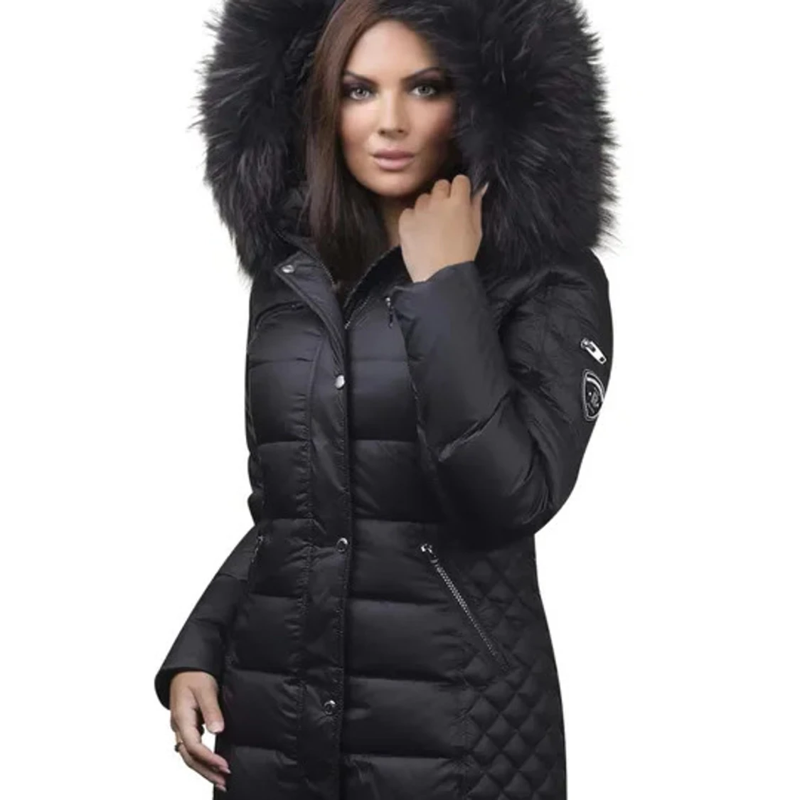 Svart lång dunjacka med pälsluva