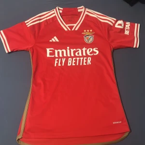 Benfica röd fotbollströja Adidas S - Säljer en officiell Benfica fotbollströja från Adidas i storlek S. Tröjan är röd med vita detaljer, har korta ärmar och klassisk V-ringning. Materialet är lätt och andas, perfekt för match eller träning. Tryck med Emirates och Sagres samt klubbmärke på bröstet.