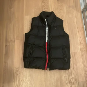 Svart dunväst från Tommy Hilfiger - Säljer en svart dunväst från Tommy Hilfiger med hög krage och dragkedja framtill. Västen har två fickor med dragkedja och ett stort tryck med logga på ryggen. Tillverkad i tekniska fibrer för extra värme och komfort. Perfekt för lager-på-lager-stil.