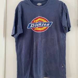 Blå Dickies t-shirt med logga - Snygg blå t-shirt från Dickies med stor färgglad logga i rött, gult och blått på bröstet. Klassisk passform och rund hals. Tillverkad i mjuk bomull, perfekt för en avslappnad streetwear-look. Använd, trycket är lite slitet och tröjan har blivit lite blekt i övrigt är tröjan hel.  Mått Över bröstet: ca 50 cm Längd från axeln och ner: ca 68 cm  100% bomull  Kommer från ett djur och rökfritt hem.