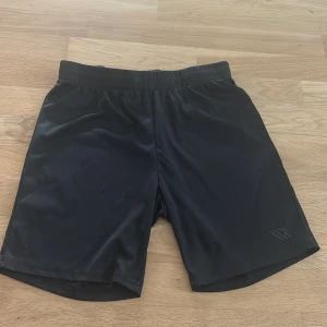 Svarta träningsshorts från R - Svarta träningsshorts från R med elastisk midja och snörning. Tillverkade i ett lätt och smidigt syntetmaterial som passar perfekt för sport och aktivitet. Klassisk design utan mönster och med diskret logga på benet.
