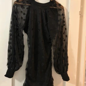 Svart meshklänning från Kappahl - Svart kortklänning från Kappahl i mesh med små broderade prickar. Klänningen har långärmade transparenta ärmar med breda muddar och en figurnära passform. Dragkedja i ryggen och snyggt fall. Perfekt för dig som gillar trendiga detaljer och unik look.