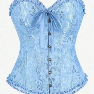 Ljusblå korsett med spets - Supersöt ljusblå korsett med snören, volangkant och rosett framtill. Snörning i ryggen gör att den kan både kan spännas ut och ihop. Säljer då den va för stor och helt oanvänd. Perfekt till halloween