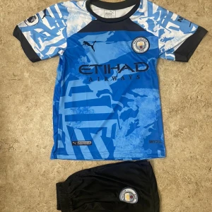 Manchester City Harland fotbollströja - Säljer en Manchester City matchtröja med Harland och nummer 9 på ryggen. Tröjan är kortärmad, har ett blått och vitt abstrakt mönster med svarta detaljer och klubbmärke på bröstet. Materialet är lätt och andas, perfekt för träning eller match.