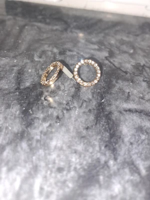 Guldpläterade cirkelörhängen med stenar - Säljer ett par stilrena örhängen i cirkelform, guldpläterade och dekorerade med gnistrande små stenar runt hela ringen. Perfekta för dig som gillar minimalistisk men ändå glittrig stil. Passar till många olika looks och är lätta att bära.