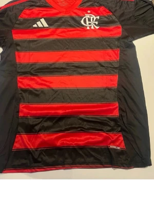 Flamengo matchtröja Adidas röd/svart - Snygg Flamengo matchtröja från Adidas i rött och svart med horisontella ränder. Tröjan har klubbens logga och Adidas-märke på bröstet samt V-ringning. Tillverkad i lätt och ventilerande polyester, perfekt för fotboll eller träning.