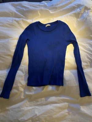 Blå ribbad långärmad topp från Lindex - Snygg blå långärmad topp från Lindex med ribbad struktur och rund halsringning. Materialet är mjukt och stretchigt, vilket gör den skön att bära hela dagen. Jag som vanligen har S i tröjor så passar den perfekt, kan även tänka mig att nån med M skulle kunna komma i den eftersom att den är super stretchig. Lite urtvättad men inget som syns super mycket när den sitter på.