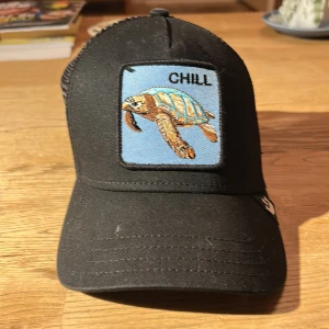 Svart truckerkeps Goorin Bros Chill - Svart truckerkeps från Goorin Bros med broderad sköldpadda och texten 'CHILL' på framsidan. Kepsen har mesh-bakstycke för extra ventilation och justerbar snapback. Framsidan är i bomullstyg och märket syns på sidan av skärmen.