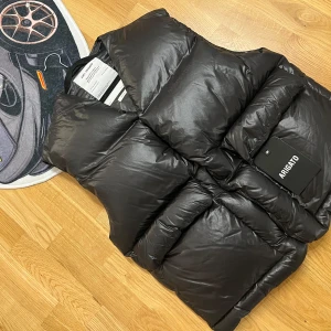 Svart dunväst från Axel Arigato - Snygg svart dunväst från Axel Arigato med puffig design och hög krage. Västen är tillverkad av återvunnen polyester och har en stilren look utan synliga mönster. Perfekt för lager-på-lager och streetwear-vibe.