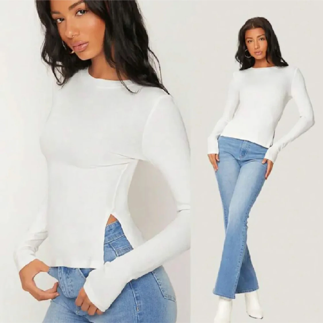 Vit långärmad topp med slits - 2