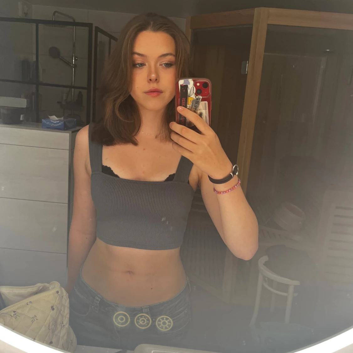 Mörkgrå ribbad croppad linnetopp