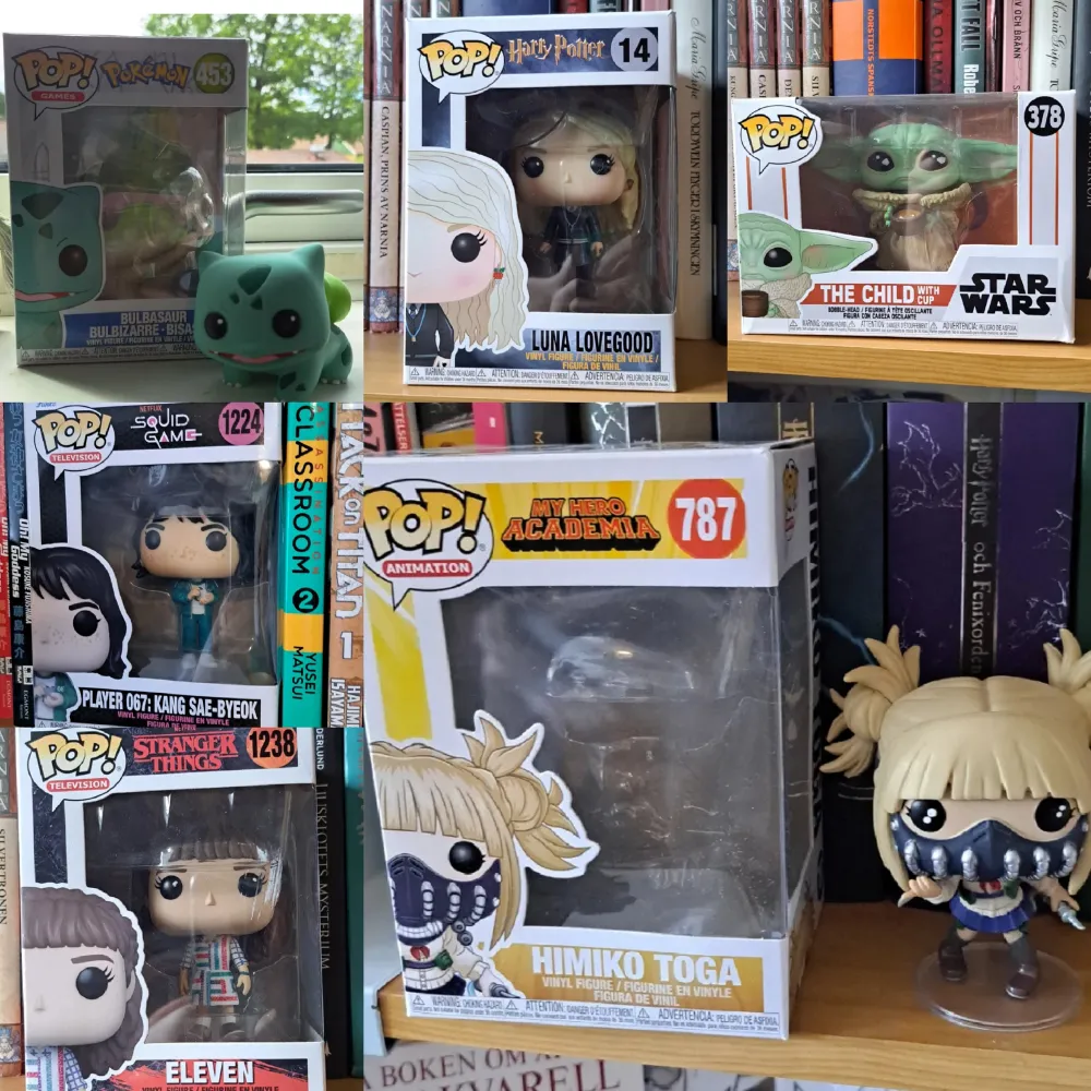 6st funko pop figurer med låda🤍 Luna Lovegood, Player 067, The Child (Yoda), Eleven, Bulbasaur och Himiko Toga🎀 Säljs även styckvis för 60kr styck🫶🏻. Accessoarer.