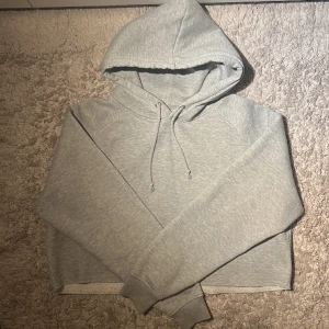 Kroppad grå hoodie - Kroppad grå hoodie från bikbok i storlek M. Väldigt bra skick och har inte används mer än ett par gånger. Gjort av 40% bomull och 60% polyester och tvättas i 40 grader. 