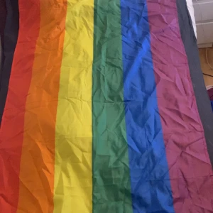 Pride flagga  - Pride flagga som jag haft uppe på min vägg, har förlåta nån liten ring som man ser i sista bilden men man kan ändå sätta upp den utan problem. Måttet är runt 90 x 150cm (om den här är såld så har jag en till som jag säljer som är i en egen annons)
