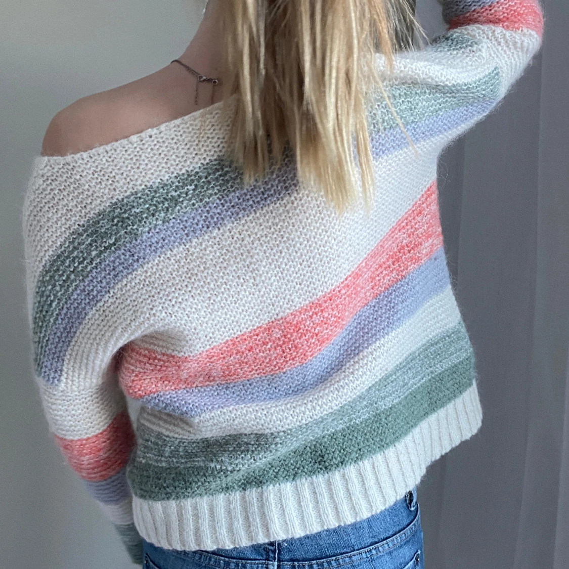 Stickad tröja randig knit vit  - 91