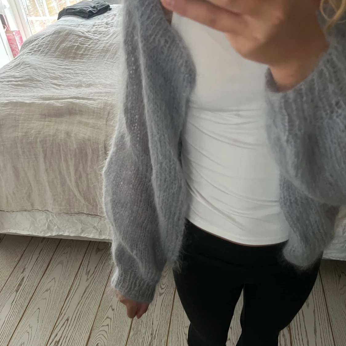  Hemma Stickad lila/grå kofta  - 92