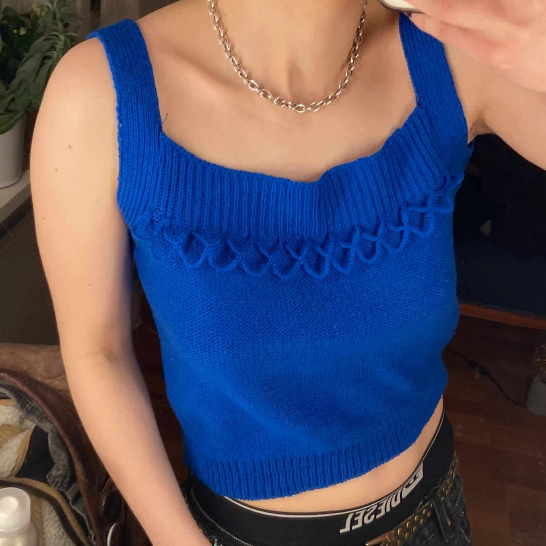 Blå stickad topp - 90