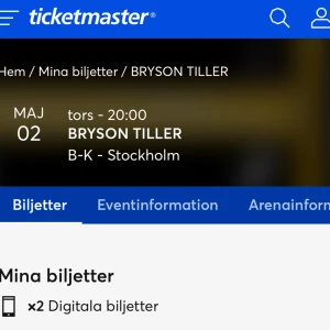 Bryson Tiller biljetter - Säljer 2 st biljetter till Bryson Tiller i Stockholm 2 maj. Priset om man ska köpa nya biljetter på ticketmaster nu ligger på 837 kr/st. Kan personligen inte gå på den för att jag har biljetter till en annan konsert kort därefter.