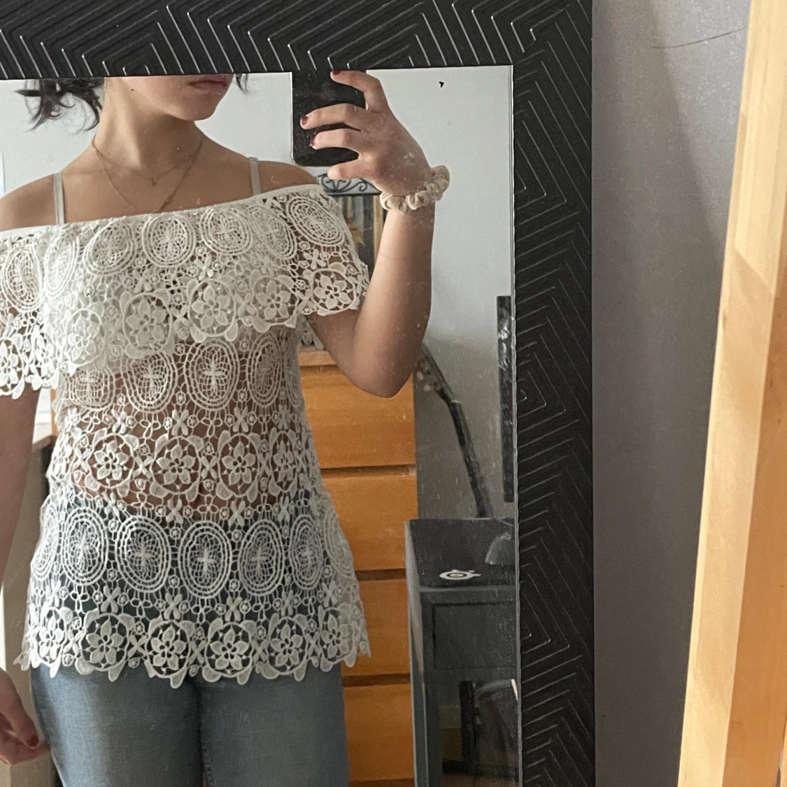 Vit somrig off shoulder spets topp/blus - 90