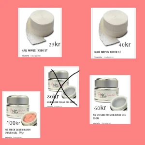 Nagelgele, nagelverktyg - Säljer några nagelsaker som jag inte använder. Första nailwipe är använd och har 400st wipes kvar. Den andra är helt ny 500st wipes. Primern har använts en gång och är full. Thick cover blush 60% kvar. Allt för 200kr. Köparen står för frakten ❤️