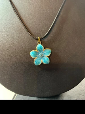 Halsband med blå blomma - Snyggt halsband med ett hänge i form av en blå blomma med guldkant. Hänget har fem kronblad och sitter på en tunn svart rem. Perfekt accessoar för att ge din outfit en färgklick och unik touch.