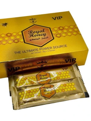 Royal Honey VIP honungssatser 12st - Royal Honey VIP honungspåsar 12. Den innehåller libido, vilket ökar testosteron i kroppen, högre sexlust samt sexprestation. Man håller sig mycket länge i sängen, funkar för både män och kvinnor.  Denna kraftfulla honungsblandning är framtagen för att ge dig extra energi, uthållighet och ett ökat välbefinnande i vardagen. Med noggrant utvalda ingredienser som traditionellt använts för att stödja vitalitet och hormonbalans, kan Royal Honey VIP bidra till att du känner dig mer alert, självsäker.