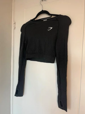Crop top träningströja - Svart crop top träningströja med utrymme för tummarna längst ut. Märke Gymshark och knappt använd. Storlek S.  Ingen rök eller djur förekommer i hemmet.