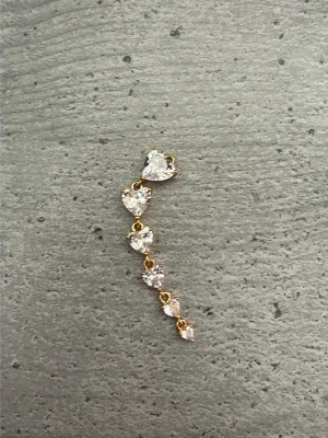 Guldörhänge med hjärtformade stenar - Ett elegant örhänge i guldton med fem gnistrande hjärtformade stenar i rad. Stenarna är klara och ger ett lyxigt intryck. Perfekt för dig som gillar unika och glittriga accessoarer. Materialet ser ut att vara metall med glittrande stenar.