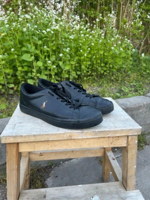 Svarta sneakers från Polo Ralph Lauren - Svarta sneakers i läder från Polo Ralph Lauren med klassisk låg profil och svart sula. Skorna har svarta skosnören och en broderad logotyp i vitt och brunt på sidan. Perfekta för en clean och stilren look.