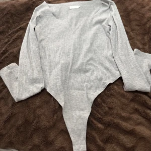 Grå ribbad body från Meshki - Säljer en snygg grå body från Meshki i ribbat material. Bodyn har lång ärm och en djup, rundad halsringning. Perfekt att styla med jeans eller kjol för en clean look. Materialet är mjukt och stretchigt för en bekväm passform.