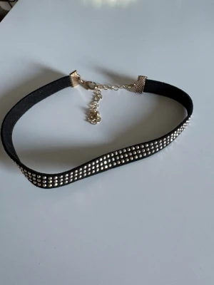 Svart choker med silverpärlor - Snygg svart choker med små silverfärgade pärlor längs hela bandet. Halsbandet har justerbart kedjelås i metall och bred design som ger en cool och trendig look. Perfekt accessoar för att lyfta din outfit.