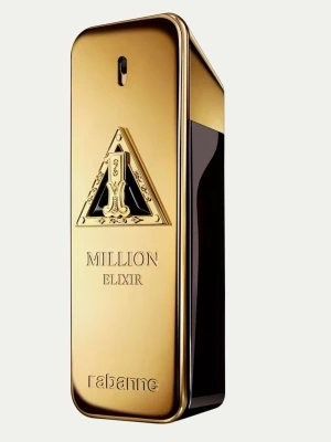 Paco Rabanne 1 Million Elixir Parfym - Exklusiv parfym från Paco Rabanne, 1 Million Elixir, i en lyxig rektangulär flaska med guldfärgad metall och svarta detaljer. Flaskan har en elegant design med präglad logotyp och text. Perfekt för dig som gillar en unik och iögonfallande doft.