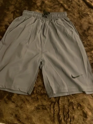Grå Nike shorts med resårmidja - Säljer ett par grå shorts från Nike med elastisk midja och snörning. Shortsen har två sidofickor och en klassisk Nike-logga på vänster ben. Perfekta för träning eller chill dagar.