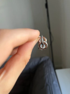 Silverfärgade örhängen med dubbla ringar - Säljer ett par stilrena örhängen i silverfärg med två sammanlänkade ringar. Örhängena har en modern och minimalistisk design, perfekta för dig som gillar enkla men snygga accessoarer. Materialet ser ut att vara metall och färgen är blank silver.