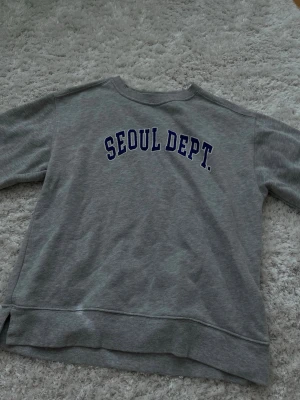 Grå sweatshirt med SEOL DEPT-tryck - Säljer en grå sweatshirt med blått 'SEOUL DEPT.' tryck på bröstet. Tröjan har rund halsringning, långa ärmar och ribbade muddar vid ärmslut och nederkant. Perfekt för en avslappnad och trendig look. Materialet känns mjukt och bekvämt, troligen bomullsblandning.