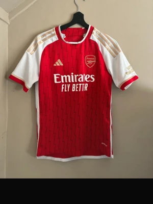 Arsenal röd matchtröja från Adidas - Röd Arsenal matchtröja från Adidas med vita och guldiga detaljer. Tröjan har klubbmärke på bröstet, sponsortryck och korta ärmar. Perfekt för fotbollsträning eller att bära på matchdag. Materialet är lätt och andas bra.