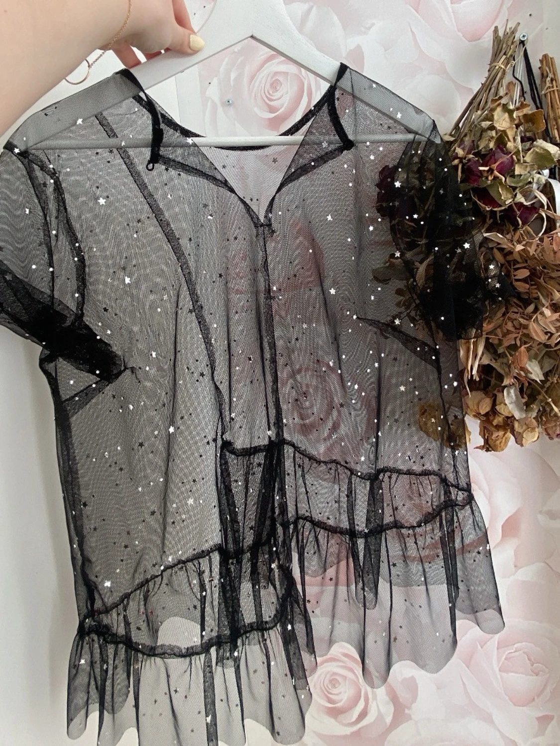 Svart mesh topp med glitterstjärnor - 2
