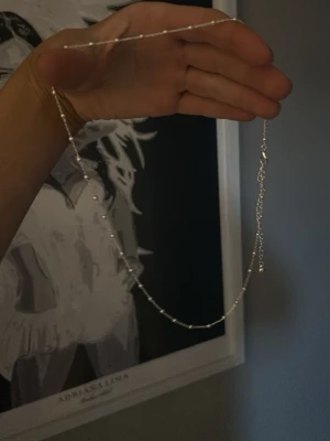 Silverfärgat halsband med pärldetaljer - Ett stilrent halsband i silverfärg med små pärldetaljer längs kedjan. Halsbandet har en tunn och elegant design som passar perfekt till olika stilar. Materialet ser ut att vara metall och pärlor, och det har ett klassiskt lås.