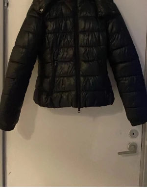 Svart pufferjacka med huva - Svart pufferjacka med huva och dragkedja framtill. Jackan har quiltad design, två sidofickor med dragkedja och ribbade muddar vid ärmsluten. Perfekt för kalla dagar och ger en snygg, sportig look.