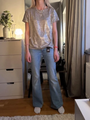 Glittrig silver t-shirt från H&M - Säljer en glittrig silverfärgad t-shirt från H&M. T-shirten har en rak passform, korta ärmar och rund halsringning. Perfekt för dig som vill sticka ut lite extra med en metallic look.