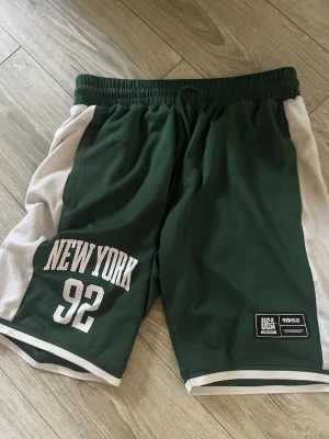 Gröna New York basketshorts - Snygga gröna basketshorts från HOLYSH med vita sidopaneler och tryck 'NEW YORK 92' framtill. Shortsen har elastisk midja och är perfekta för sportiga outfits. Tillverkade i ett lätt och ventilerande material.