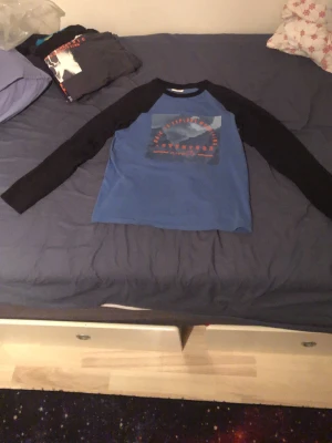 Blå långärmad topp med tryck - Blå långärmad topp med svarta ärmar och ett stort tryck framtill med texten 'Dare to explore mountains, adventure awaits' i orange. Toppen har en avslappnad passform och är perfekt för dig som gillar äventyrsinspirerad stil.