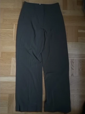 Mörkgröna vida kostymbyxor - Säljer ett par mörkgröna kostymbyxor med hög midja och raka, vida ben. Byxorna har en minimalistisk design utan synliga fickor eller detaljer. Perfekta för en clean och stilren look. Materialet känns mjukt och följsamt, troligtvis polyesterblandning.