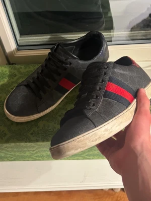 Svarta gucci ace - Säljer ett par Svarta gucci ace (äkta) i ett hyfsat bra skick. lite slitningar på skorna men resten smuts som lätt kan tas bort. Extra sko snörren, dustbag och skolåda kommer med. Har slarvat bort kvittot men har bild på det. vid fler frågor är det bara att skriva till mig här på plick.