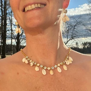 Smyckesset Halsband Örhängen snäckor kristaller  - Halsband och örhängen i guldpläterad mässing med kristaller, äkta snäckor och charms. Färg Clear crystal och Linnen Ignite. Ss29 6mm. Längd 51cm inkl lås. Finns även att få i andra färger på kristallerna.   Jag skickar endast spårbart, samfraktar. Fast pris. Besök gärna mina övriga annonser.  Till mina smycken använder jag kristaller från Preciosa, Aurora och Swarowski.
