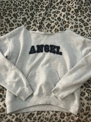 Grå sweatshirt med ANGEL-tryck - Snygg ljusgrå sweatshirt med mörkblå texten 'ANGEL' på bröstet och stora vingar tryckta på ryggen. Tröjan har en klassisk passform, ribbade muddar och magficka framtill. Tillverkad i mjukt bomullsmaterial, perfekt för en chill och trendig look.