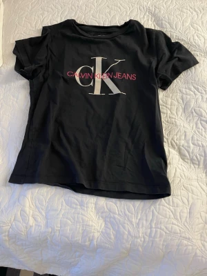 Svart Calvin Klein Jeans t-shirt - Snygg svart t-shirt från Calvin Klein Jeans med stort CK-tryck i vitt och text i rosa på bröstet. Klassisk rund hals och korta ärmar. Perfekt till jeans eller shorts för en avslappnad look.