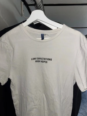 Vit t-shirt med tryck från Heat Wave Inc. - Vit t-shirt från Heat Wave Inc. med svart texttryck 'LOW EXPECTATIONS HIGH HOPES' på framsidan och stort tryck med blommor och texten 'DOWNTOWN TROPICAL' på ryggen. Klassisk rund hals och korta ärmar. Tillverkad i mjuk bomull.