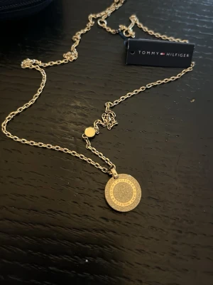 Guldfärgat halsband Tommy Hilfiger - Snyggt guldfärgat halsband från Tommy Hilfiger med rund berlock där varumärkets namn är ingraverat runt kanten. Kedjan är tunn och elegant, perfekt för att lyfta din outfit med en stilren detalj. Märkets logga syns även på taggen vid låset. Ask medföljer!
